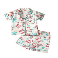 Dječački ljetni pidžama Set za Dan neovisnosti, vrhovi kratkih rukava i kratke hlače s duginim cvjetnim printom i slovima