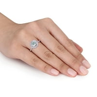 Ženski prsten od 1 karatnog akvamarina i 10 karatnog dijamanta od bijelog zlata s dvostrukim aureolom