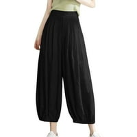 Ženske pamučne lanene hlače visokog struka, ljetne casual hlače širokog kroja s baterijskim svjetiljkama, casual Capri hlače s elastičnim