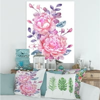 Ružičasti retro cvjetovi s plavim lišćem na bijeloj slici platno umjetnički tisak