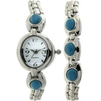 Ženski ovalni srebrni sat i narukvica u prirodnoj poludragoj tirkiznoj boji S naglaskom na kamenu