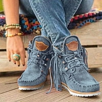_ / ženske čizme Na vezanje, čizme s okruglim prstima, kožne casual čizme s resicama, retro ženske čizme, cipele bez pete, plava