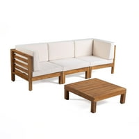 Presječni kauč od bagremovog drveta i stolić za kavu s jastucima, tikovina, bež