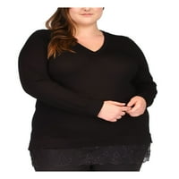 Ženski crni čipkasti džemper s rebrastim izrezom u obliku slova U i dugim rukavima iz donjeg dijela, proziran, s ventilacijom na
