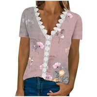 Ženske modne majice s čipkom, majice kratkih rukava, ljetne elegantne Ležerne majice s cvjetnim printom i grafičkim izrezom u obliku