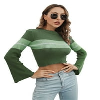 Ženski pleteni crop pulover u donjem rublju, Casual prugasti pulover s dugim rukavima u kontrastnoj boji, pleteni vrhovi, ulična