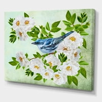 Mala plava ptica koja sjedi na grani bijele ruže biljke slikanje platna umjetnički tisak
