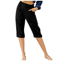 Ženski pamučni laneni Kapri s elastičnom elastikom visokog struka Plus size jednobojne teretne hlače Ležerne hlače s ravnim nogavicama