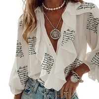 Ženske majice, ležerna košulja s izrezom u obliku slova A i volanima s dugim rukavima s printom, odjeća za bluze