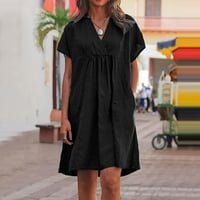 Ljetne haljine za žene, jednobojna Mini haljina A kroja s dekolteom u obliku slova U, široka haljina za spojeve kratkih rukava, Crna