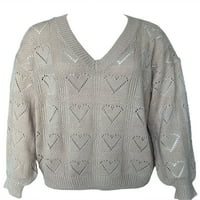 ; / Ženski casual jednobojni džemper s izrezom i dugim rukavima, otvoreni pleteni džemperi s rebrima u obliku srca u kaki boji