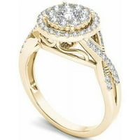 10K dijamantni zaručnički prsten od žutog zlata s podijeljenim drškom i jednim Halo grozdom