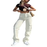 Ženske casual traperice s ravnim nogavicama, Modne jednobojne traper hlače s bočnim džepovima s visokim strukom, veličine u donjem