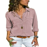 Ženske Ležerne košulje na kopčanje na kopčanje s izrezom u obliku slova A i dugim rukavima, Bluza s džepovima za proljeće-zimu-jesen,ružičasta,