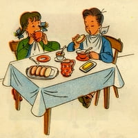 Dječak i djevojčica doručkuju ispis plakata