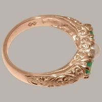 Ženski prsten za obljetnicu od ružičastog zlata od 9 karata s kultiviranim biserima i smaragdom britanske proizvodnje - opcije veličine-Veličina