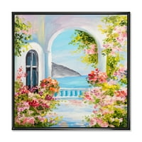 Ružičasto cvijeće s tradicionalnom grčkom uokvirenom kućnom slikom na platnu s umjetničkim tiskom